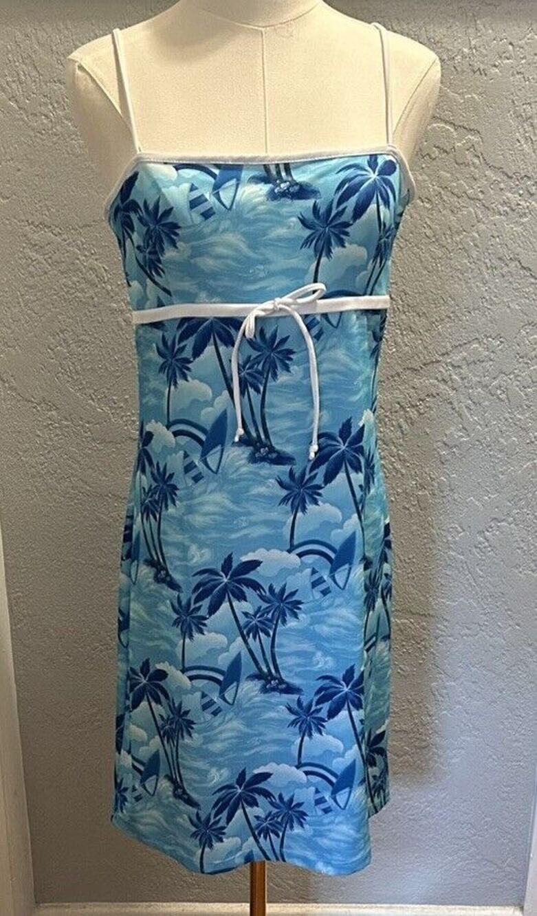 Finesse Tank Dress Women LG Blue White Tropical Print USA Vintage Y2K